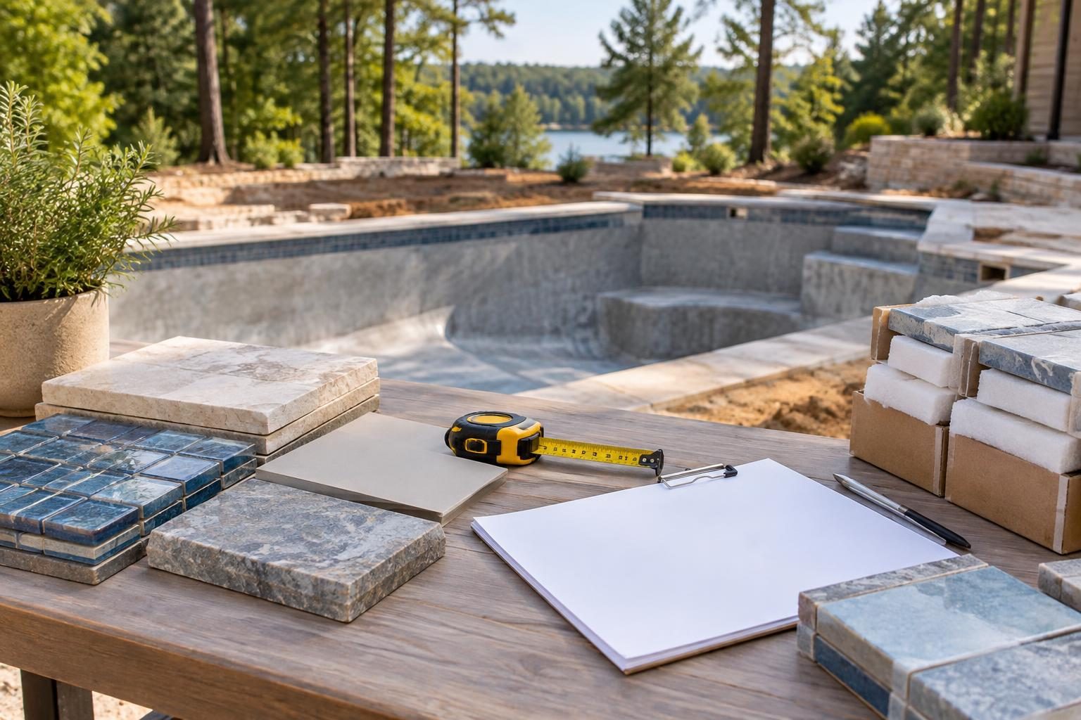 Tile and coping samples beside purchase paperwork for reviewing custom pool material order cancellation terms.