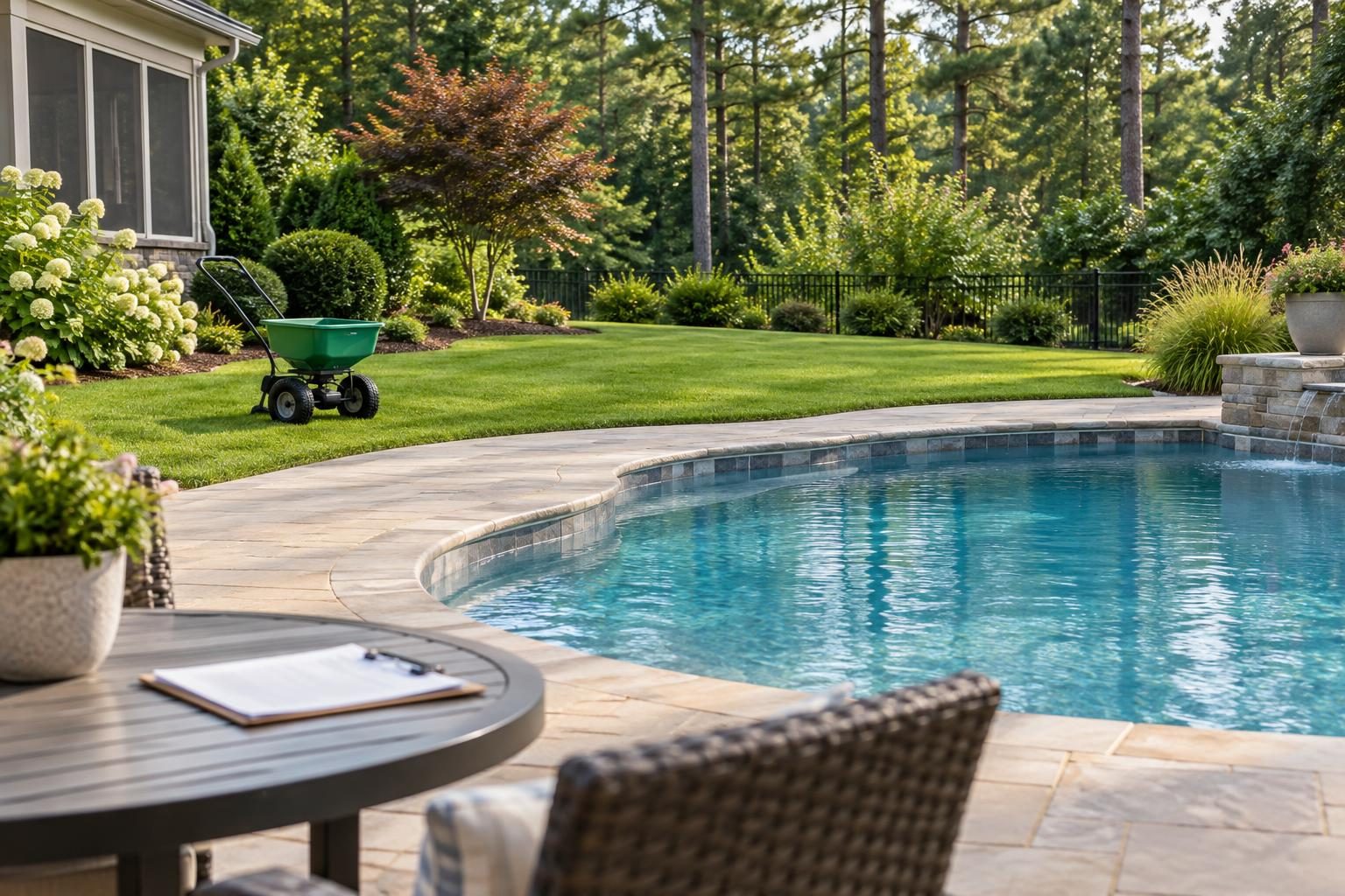 Lawn spreader parked away from a clean deck to help keep lawn fertilizer out of swimming pool water.