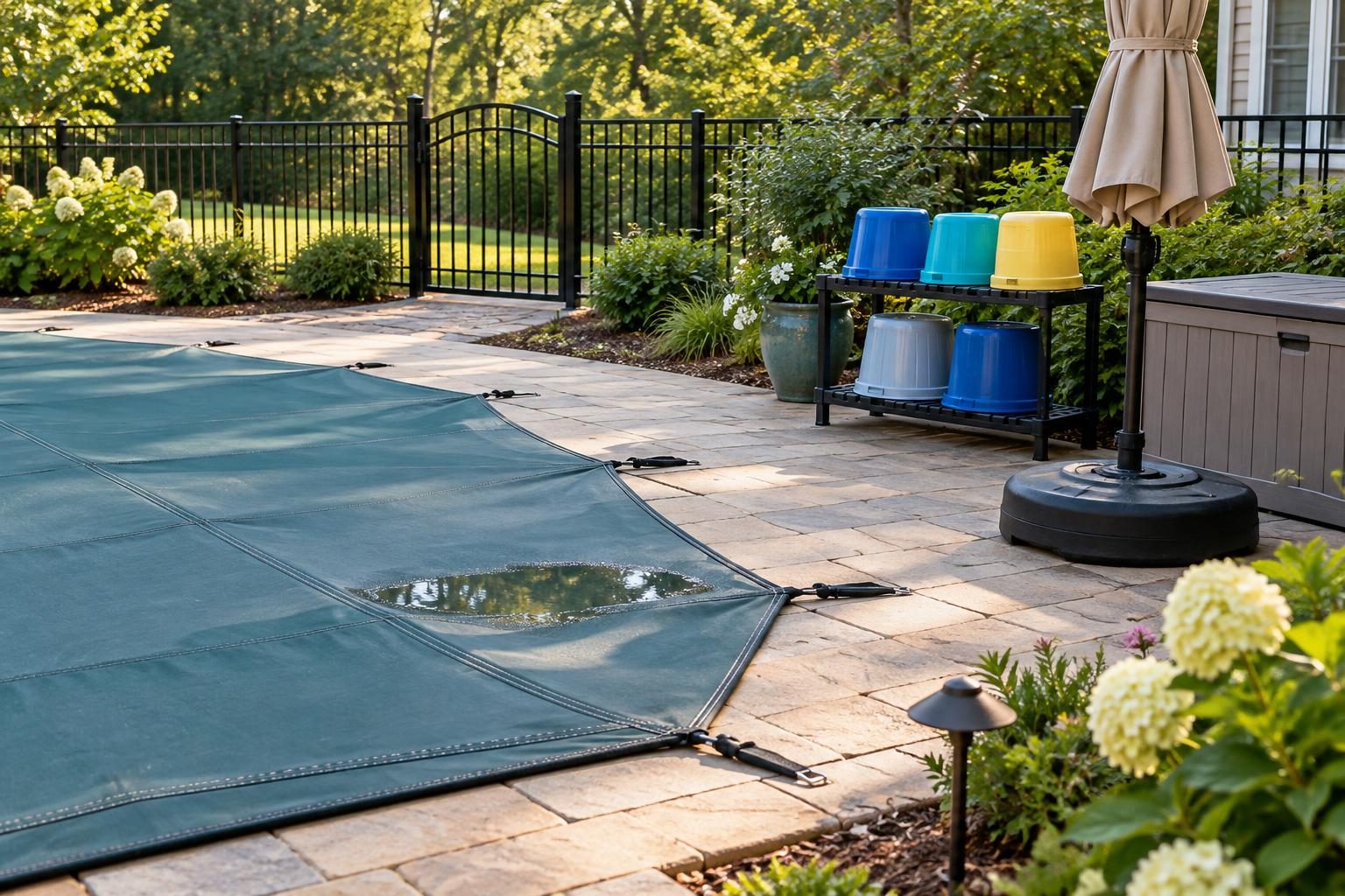 North Carolina backyard illustrating mosquito prevention around pool covers and accessories with a covered pool and draining toy storage.
