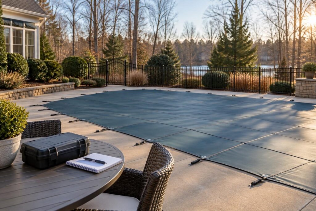 North Carolina covered pool winter algae monitoring with a secured cover, fenced yard, and testing supplies on a nearby patio table.