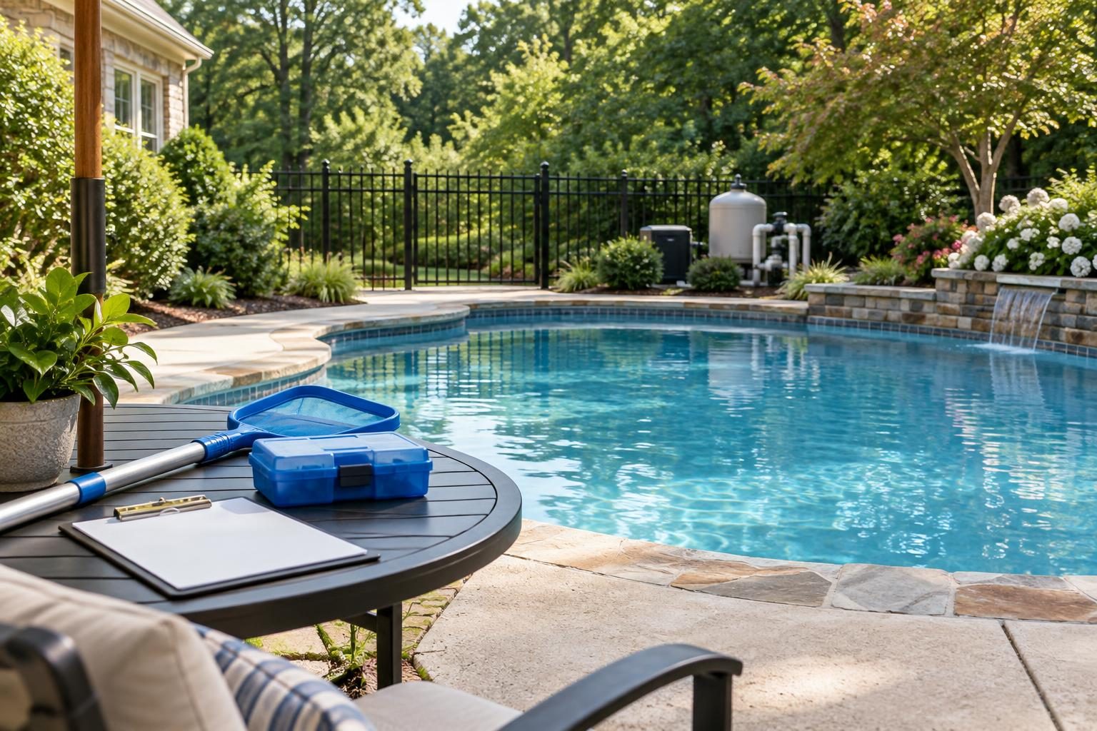 North Carolina pool vacation maintenance plan supplies beside a clean backyard pool with a closed safety gate.