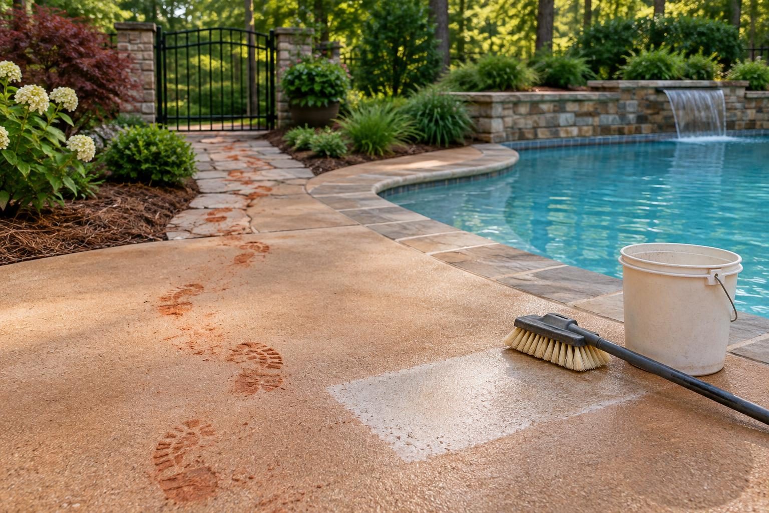 North Carolina red clay pool deck cleaning setup with a soft brush beside clay footprints and a backyard swimming pool.