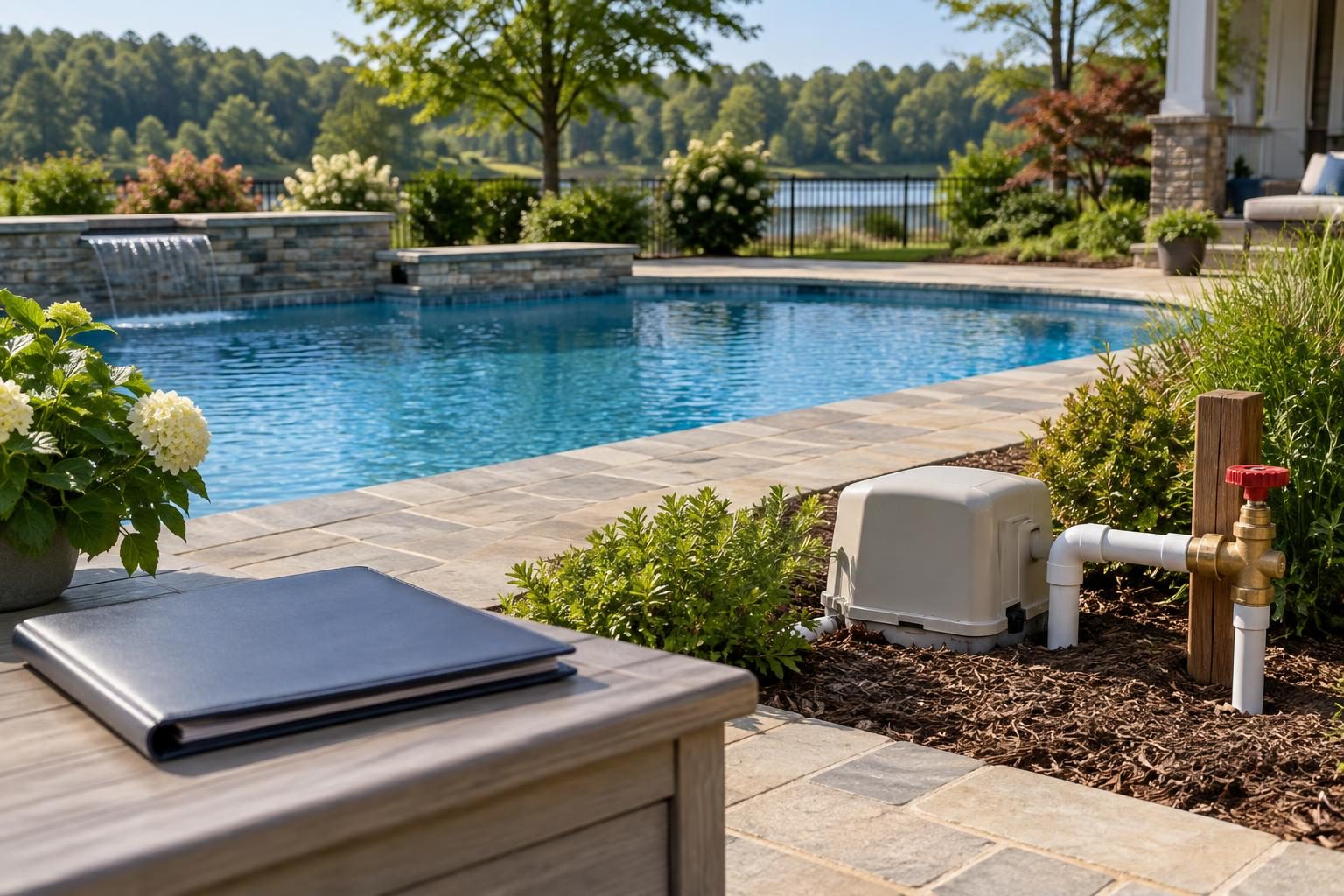 Residential pool and accessible supply valve illustrating pool autofill backflow protection planning North Carolina homeowners can review.