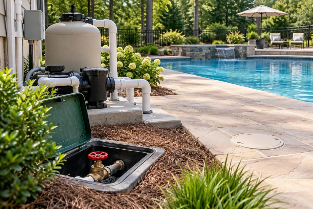 Accessible water-supply valve and poolside service access illustrating pool autofill shutoff planning North Carolina homeowners can review.