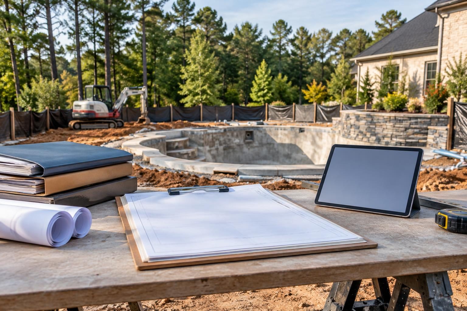 Planning folders and drawings beside a North Carolina pool site for reviewing pool builder staffing active project questions.