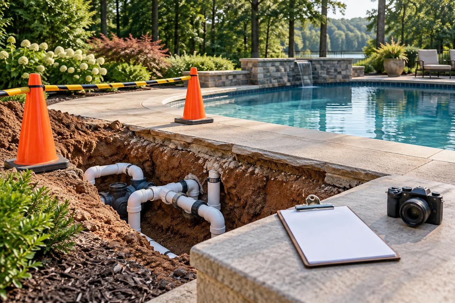 Exposed repaired plumbing beside a residential pool, ready for pool concealed repair verification records before backfill.