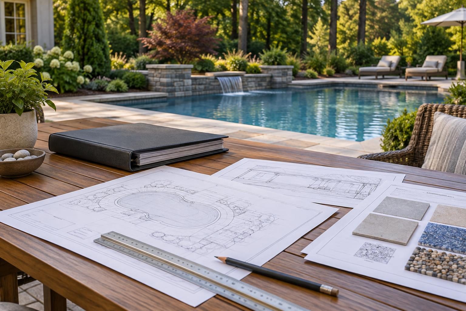 Organized pool drawings and specification sheets for pool contract conflicting attachments clarification before signing.