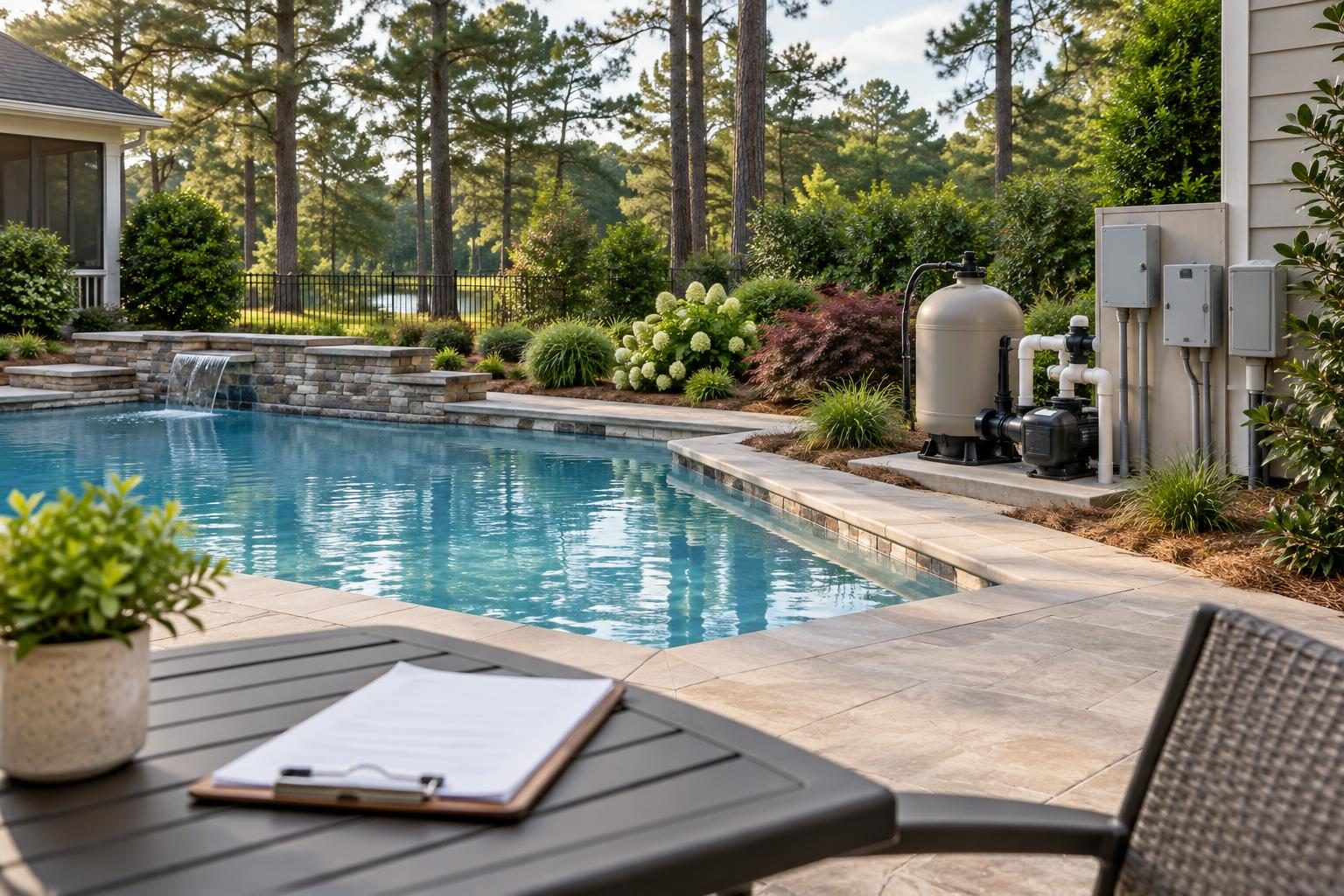 Residential pool and dry equipment pad illustrating pool equipment power outage restart checks after a storm.