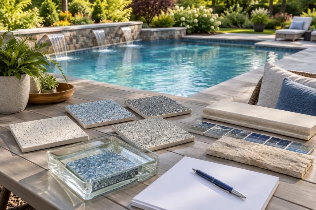 Materials arranged for pool finish sample approval documentation beside a North Carolina backyard pool.