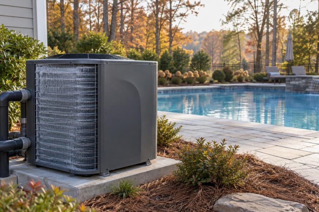 Residential pool heat pump defrost observation in a North Carolina backyard with light frost visible on the outdoor coil.