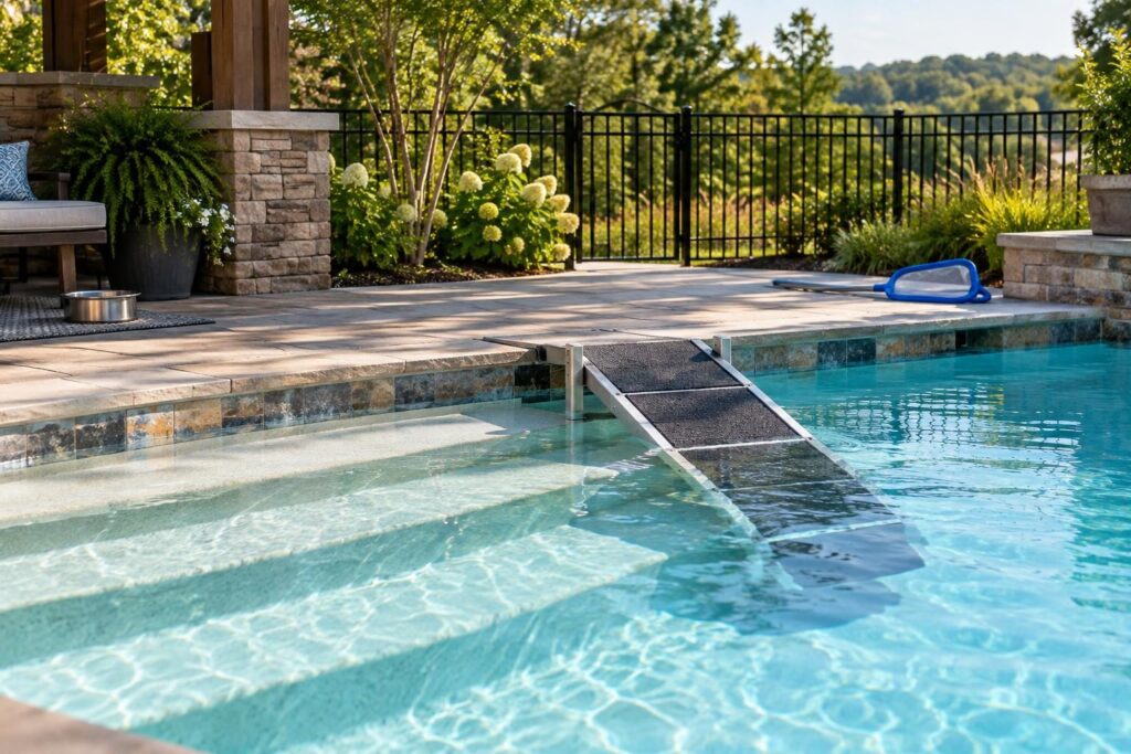Broad pool steps, a pet ramp, and cleaning tools illustrate pool maintenance after dogs swim.