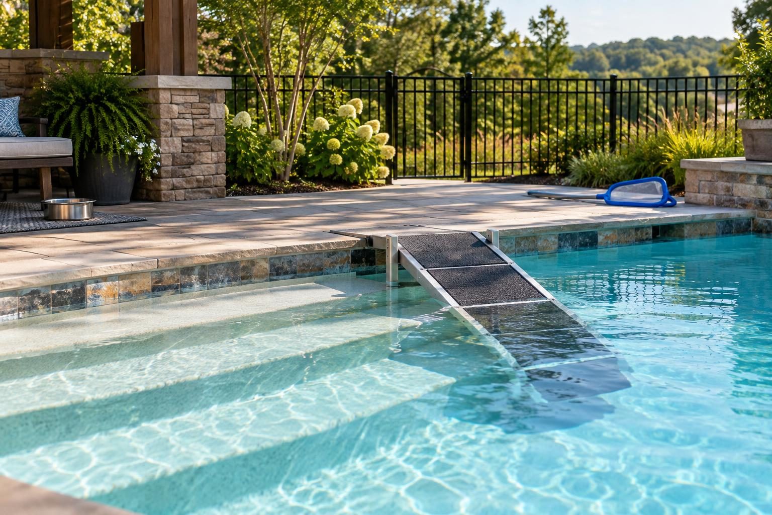 Broad pool steps, a pet ramp, and cleaning tools illustrate pool maintenance after dogs swim.