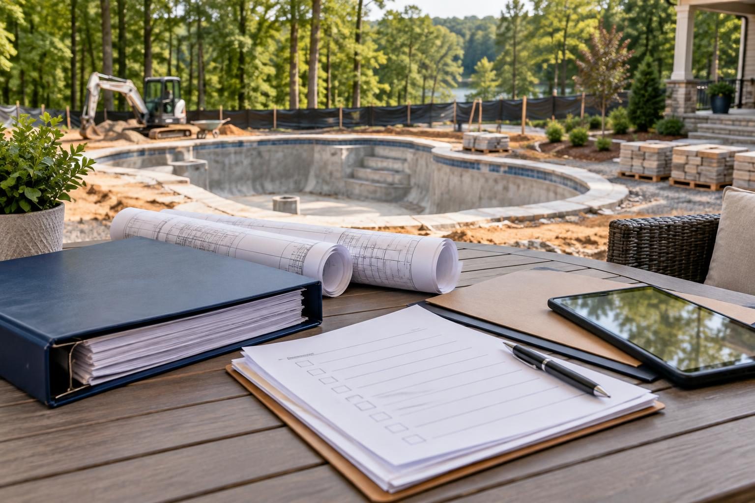 Organized records for a pool project manager change communication handoff beside a North Carolina backyard pool construction site.