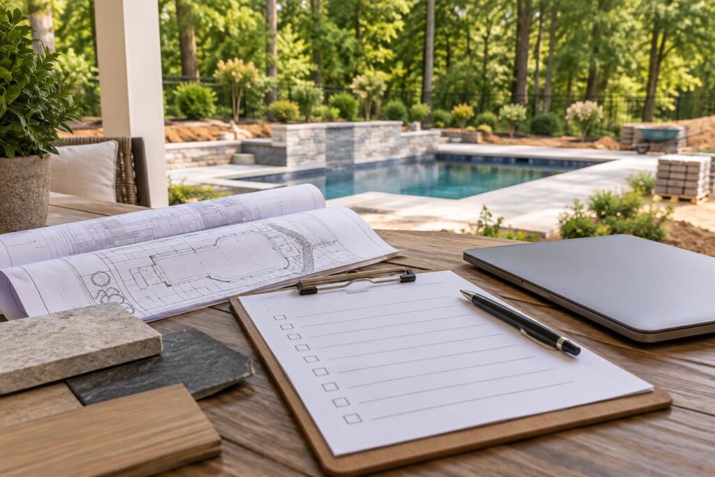 Planning documents and a meeting checklist for pool project verbal decision written confirmation beside a North Carolina backyard pool.