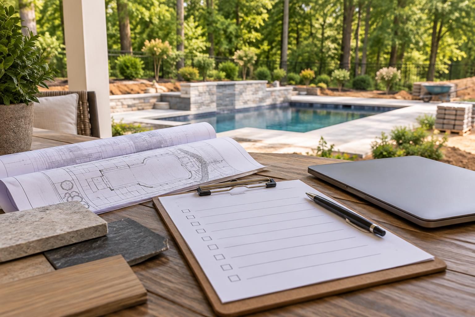 Planning documents and a meeting checklist for pool project verbal decision written confirmation beside a North Carolina backyard pool.