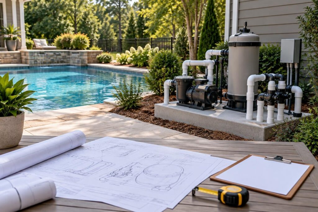 Equipment pad and planning documents illustrating pool proposal pump filter performance specifications for a North Carolina backyard pool.