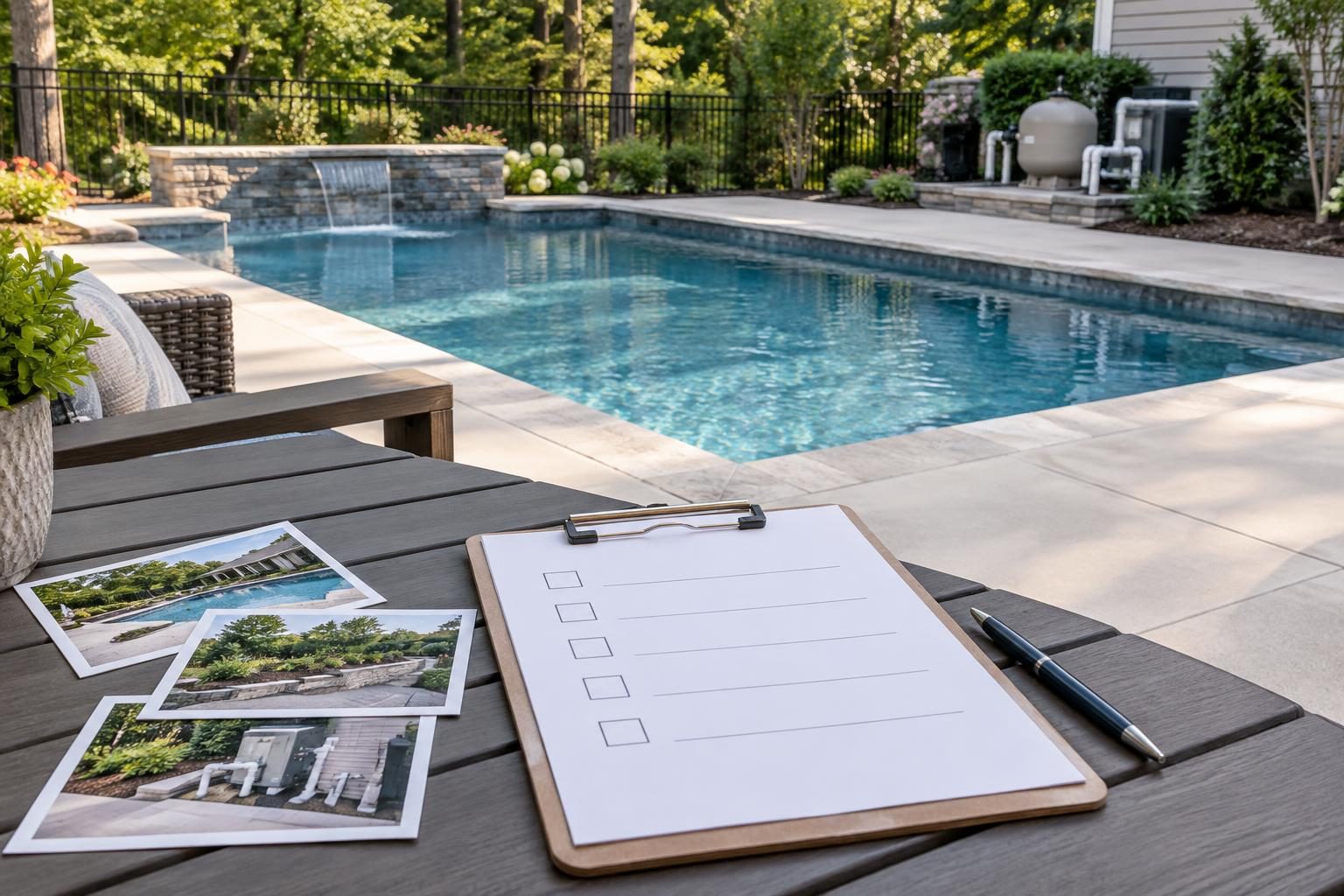 Clipboard beside a residential pool for documenting pool punch list item completion criteria.