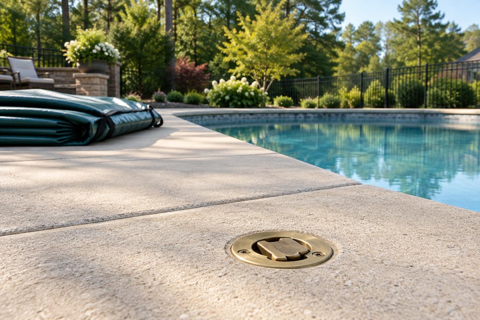 Deck-level view for pool safety cover anchor trip hazard checks beside a North Carolina residential pool.