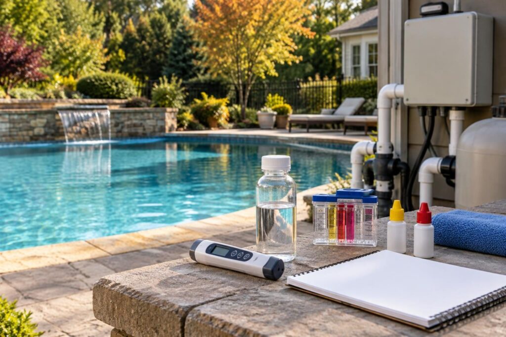Testing supplies beside a residential pool for investigating a pool salt test chlorinator reading mismatch.