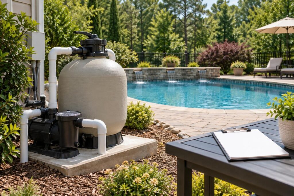 Closed sand filter beside a North Carolina backyard pool, illustrating observations for possible pool sand filter channeling symptoms.
