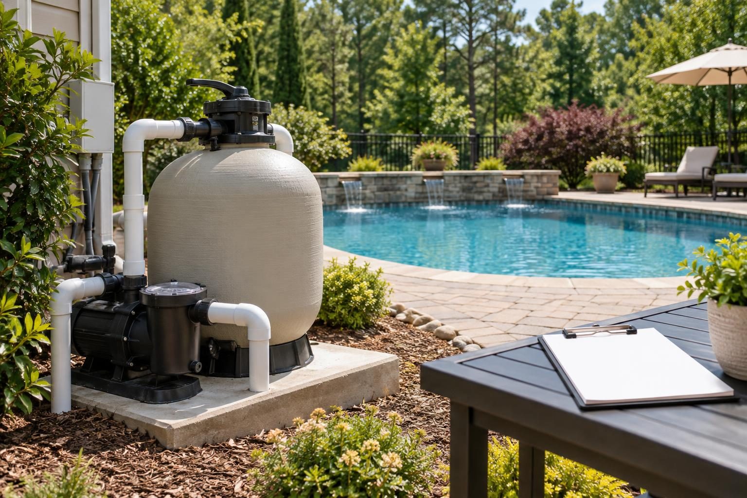 Closed sand filter beside a North Carolina backyard pool, illustrating observations for possible pool sand filter channeling symptoms.