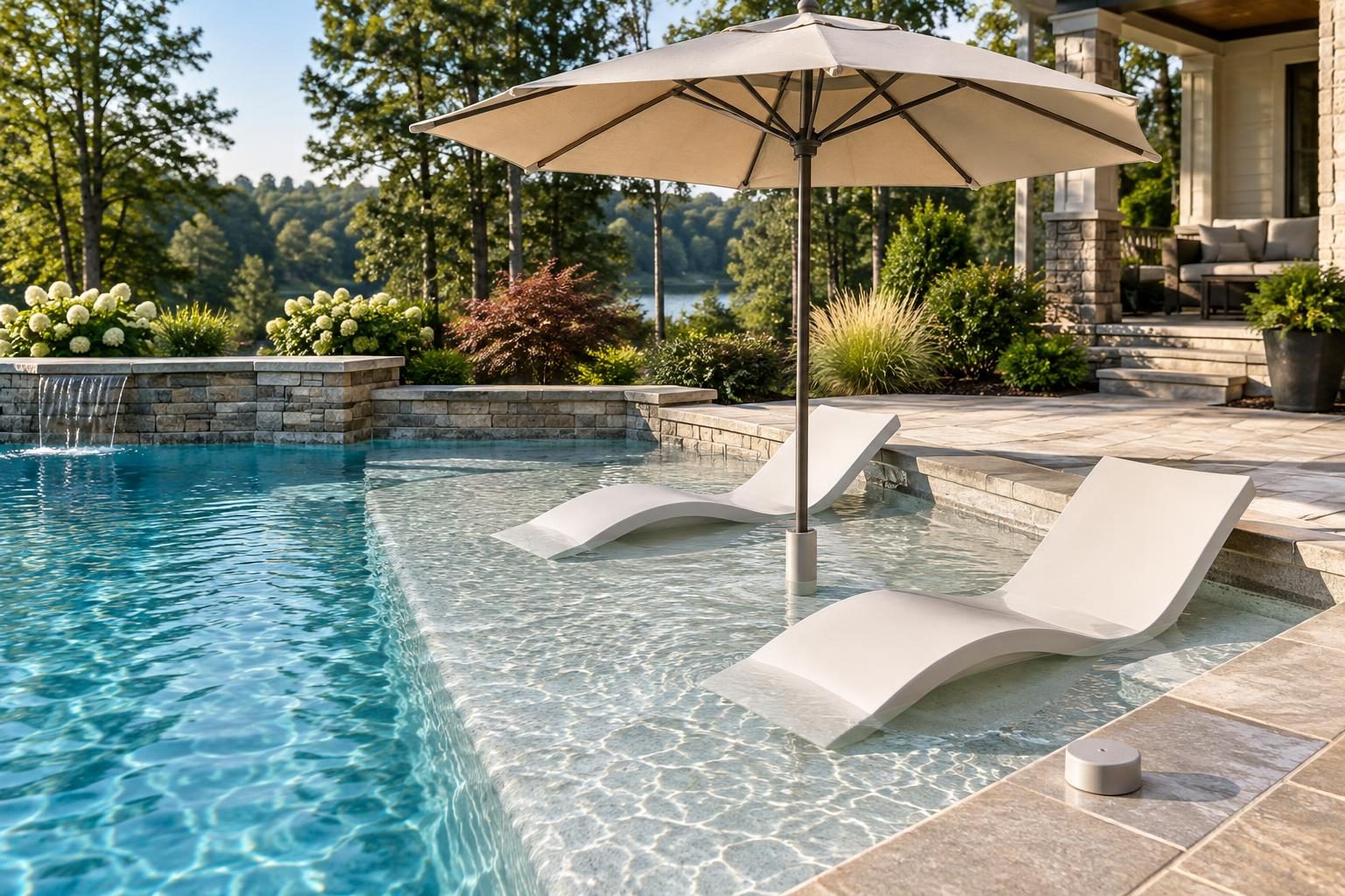 Residential pool tanning ledge umbrella sleeve planning with a fitted pole, nearby cap, and clear space around ledge loungers.