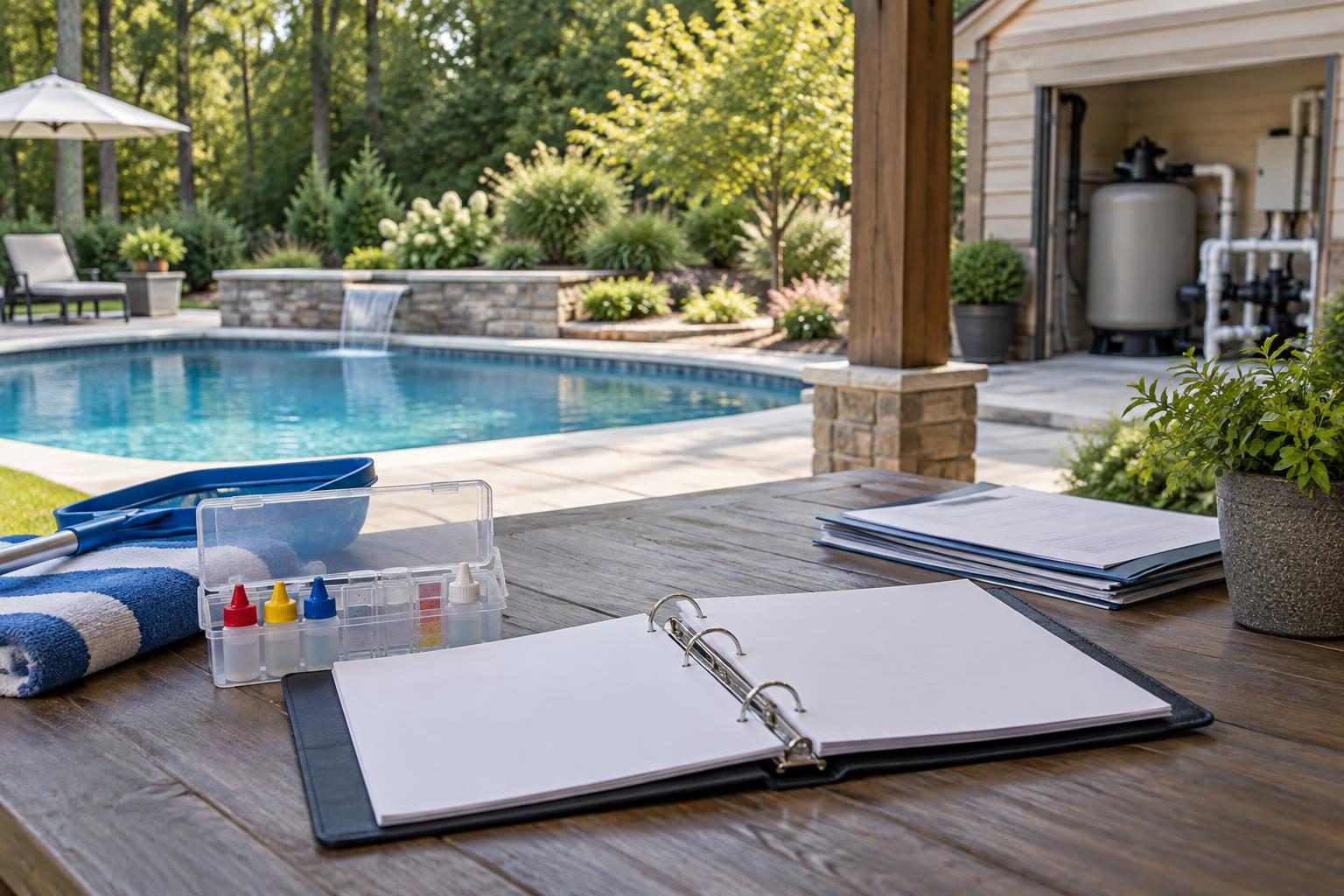 Organized records and testing supplies for reviewing pool warranty homeowner maintenance obligations beside a North Carolina backyard pool.