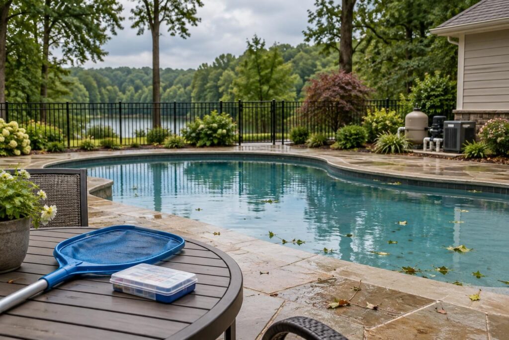 North Carolina backyard pool with a leaf net and test kit ready for summer power outage pool care.