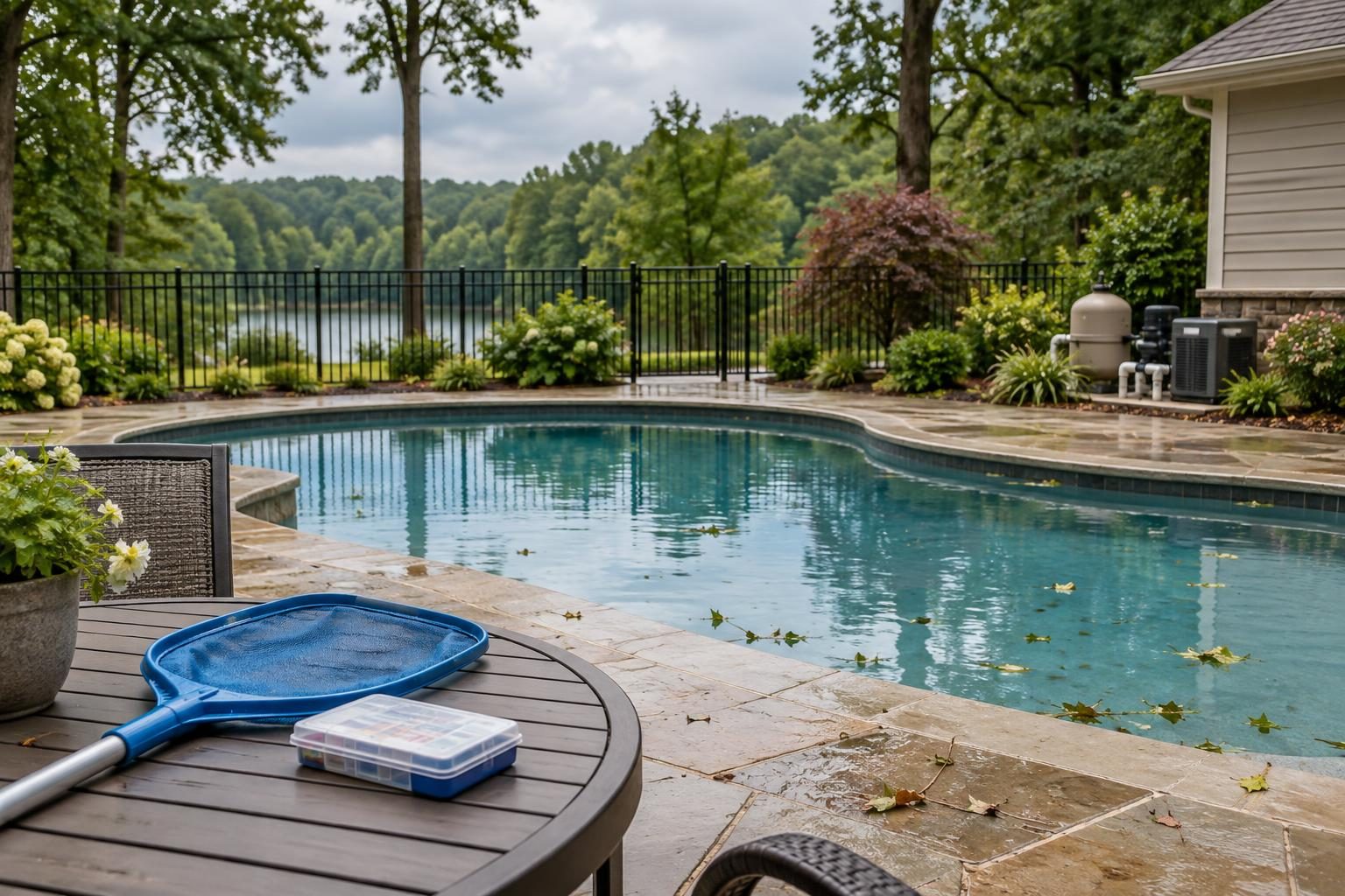 North Carolina backyard pool with a leaf net and test kit ready for summer power outage pool care.