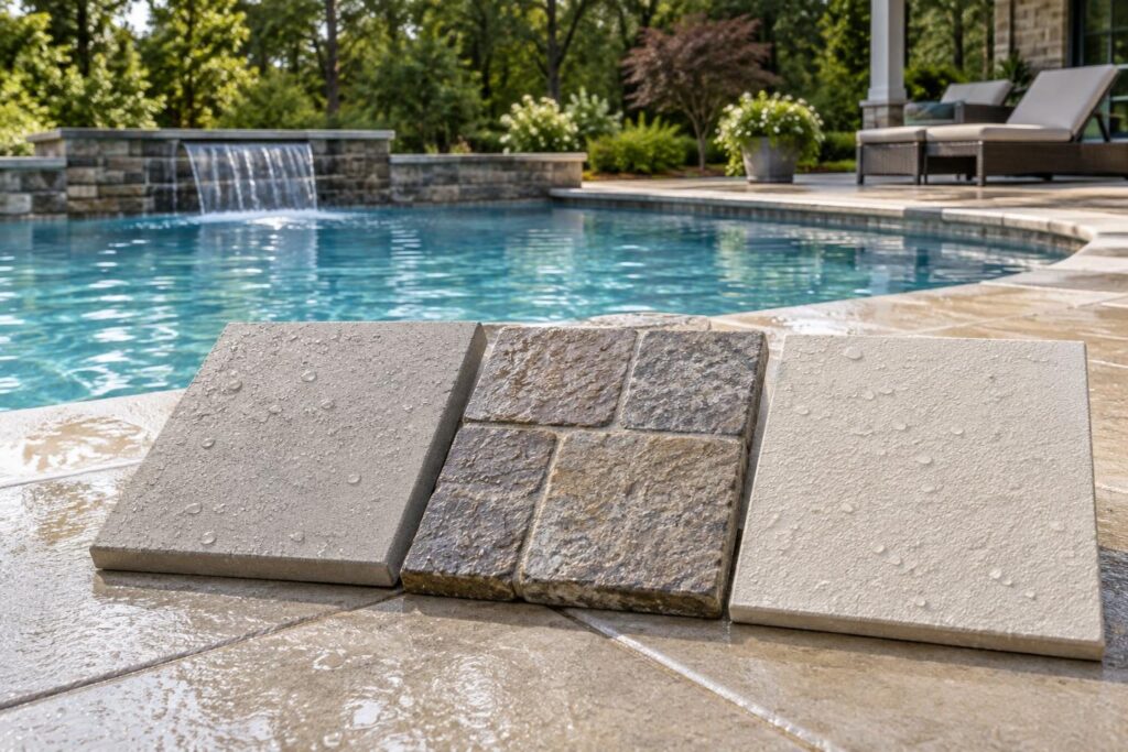 Material samples beside a North Carolina pool for a wet pool deck slip resistance comparison.